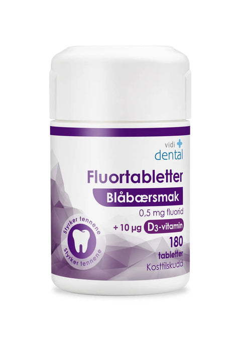 Vidi dental fluortabletter 0,5 mg blåbærsmak + D3 180 stk, 883773