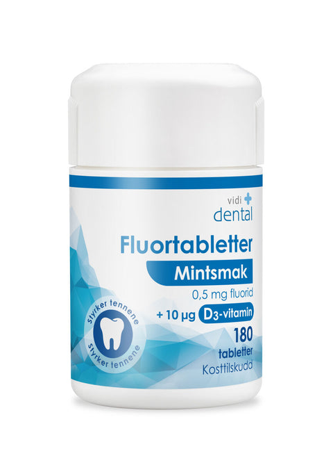 Vidi dental fluortabletter 0,5mg mintsmak + D3 180 stk, 918417